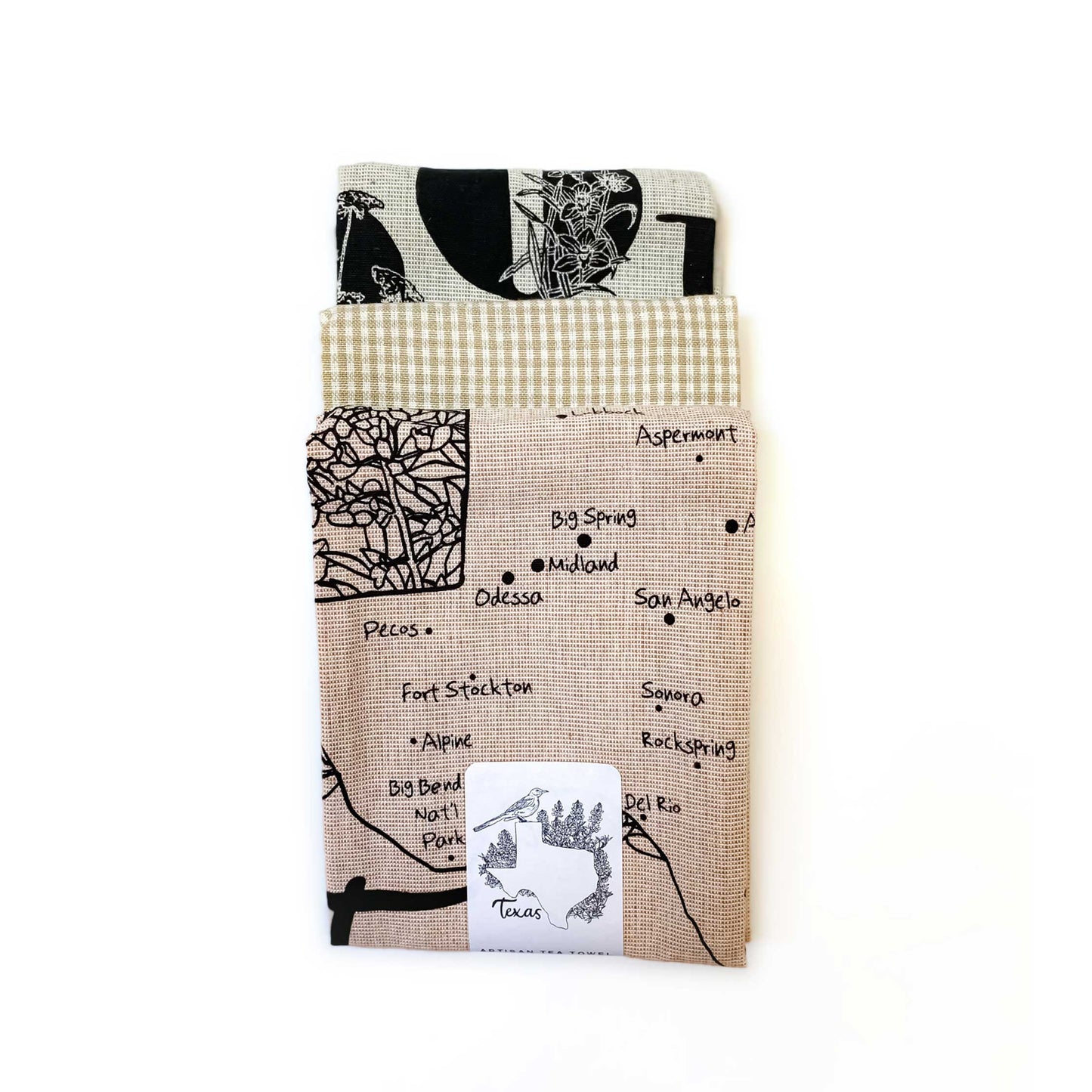 Natural colors Texas and Flowers Botanical Handprinted Artisan Tea Towel Set