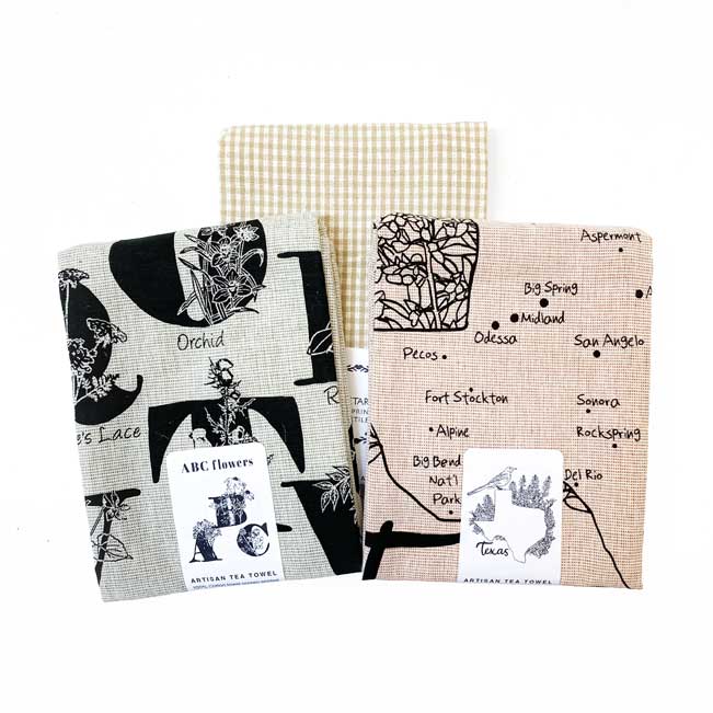 Natural colors Texas and Flowers Botanical Handprinted Artisan Tea Towel Set