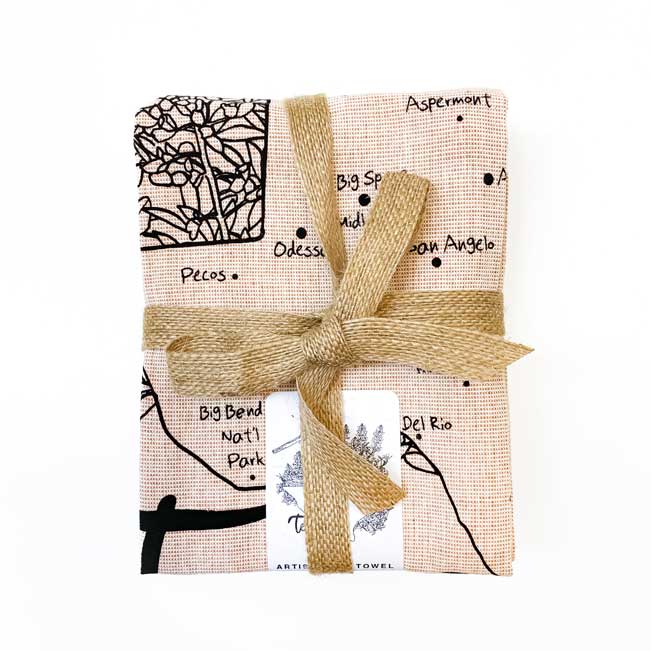Natural colors Texas and Flowers Botanical Handprinted Artisan Tea Towel Set