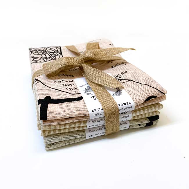 Natural colors Texas and Flowers Botanical Handprinted Artisan Tea Towel Set