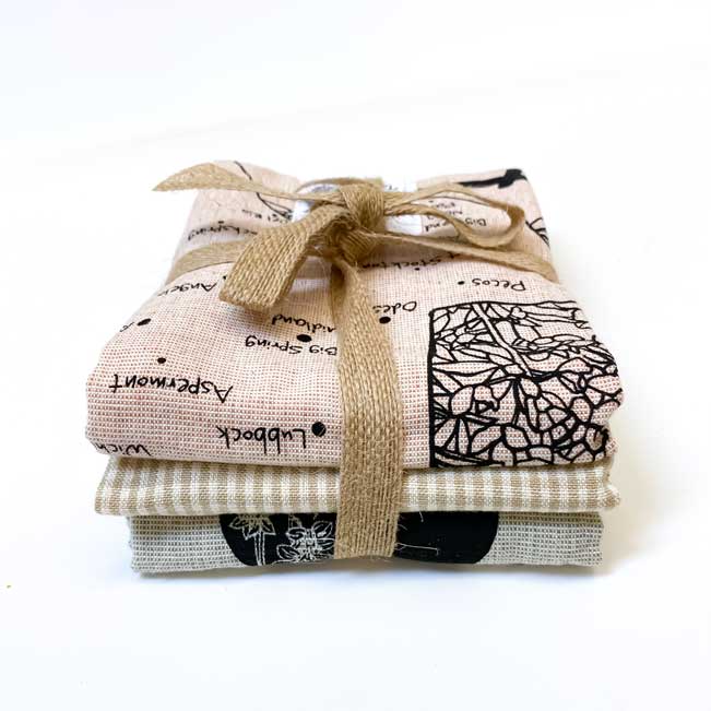 Natural colors Texas and Flowers Botanical Handprinted Artisan Tea Towel Set