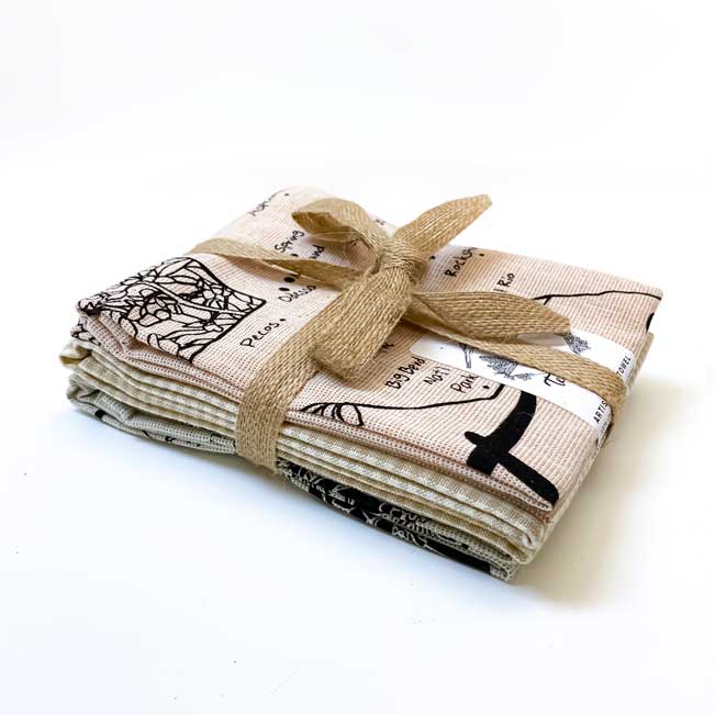 Natural colors Texas and Flowers Botanical Handprinted Artisan Tea Towel Set