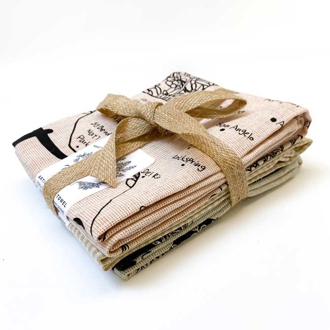 Natural colors Texas and Flowers Botanical Handprinted Artisan Tea Towel Set