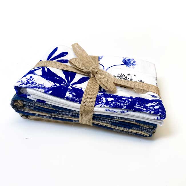 Navy Botanical Handprinted Artisan Tea Towel Set
