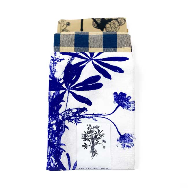 Navy Botanical Handprinted Artisan Tea Towel Set