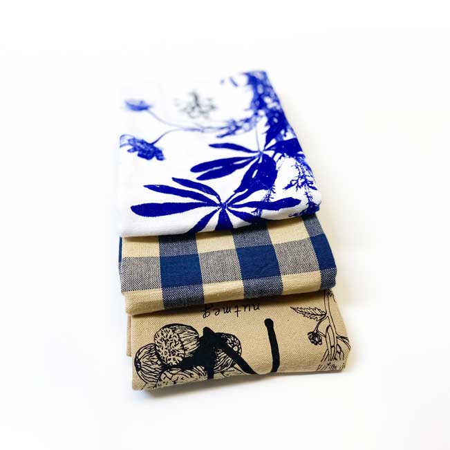 Navy Botanical Handprinted Artisan Tea Towel Set