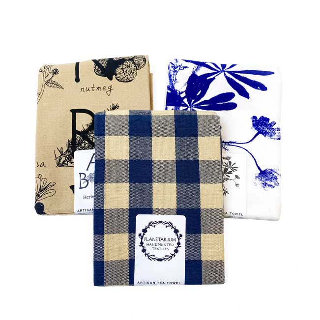 Navy Botanical Handprinted Artisan Tea Towel Set