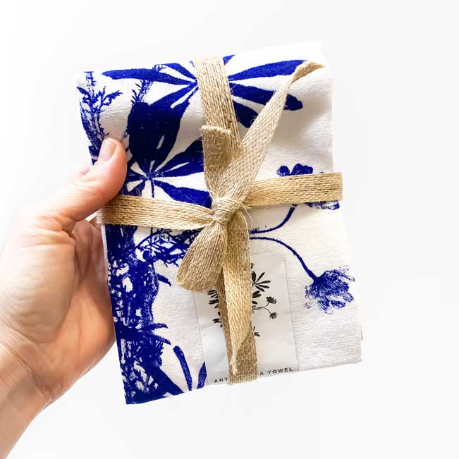 Navy Botanical Handprinted Artisan Tea Towel Set