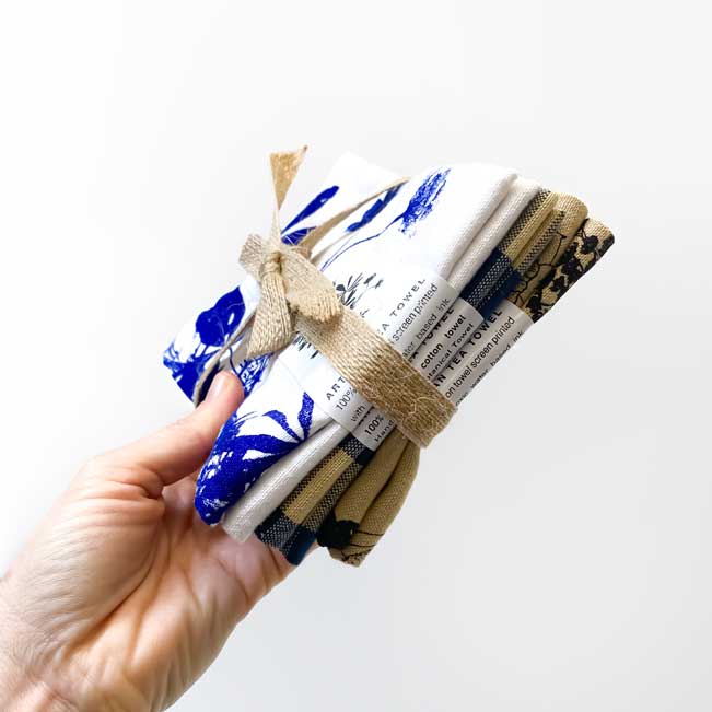 Navy Botanical Handprinted Artisan Tea Towel Set