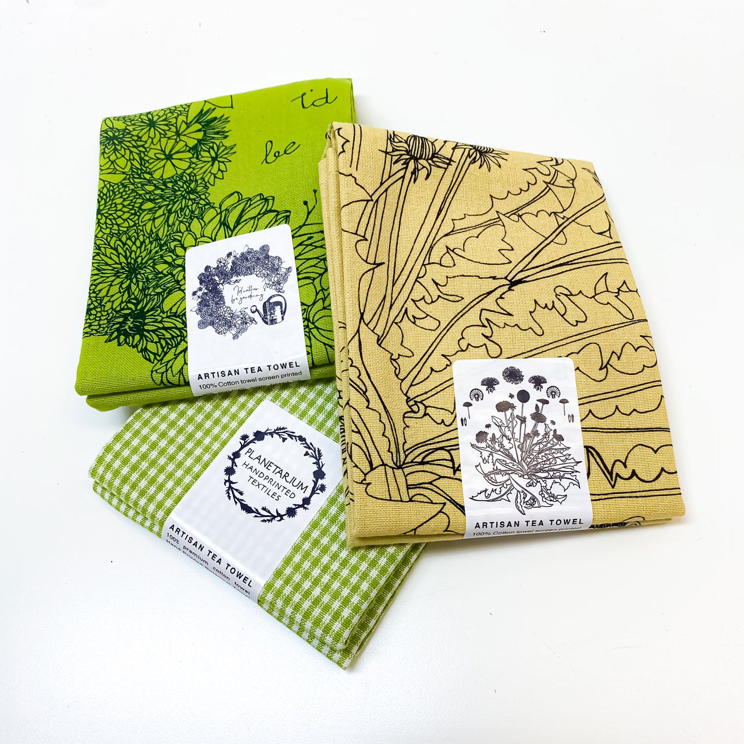 Yellow Gardening Botanical Handprinted Artisan Tea Towel Set