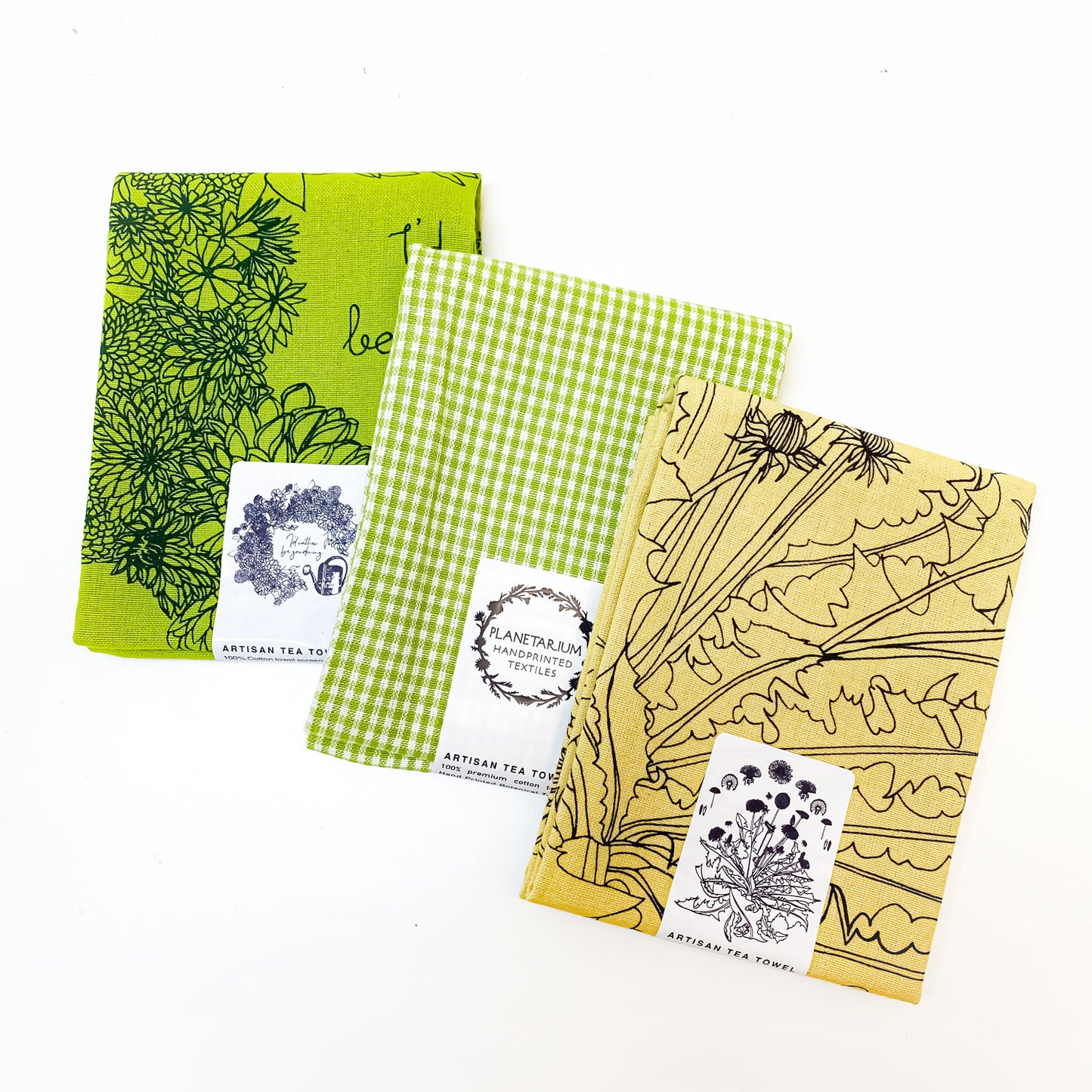 Yellow Gardening Botanical Handprinted Artisan Tea Towel Set