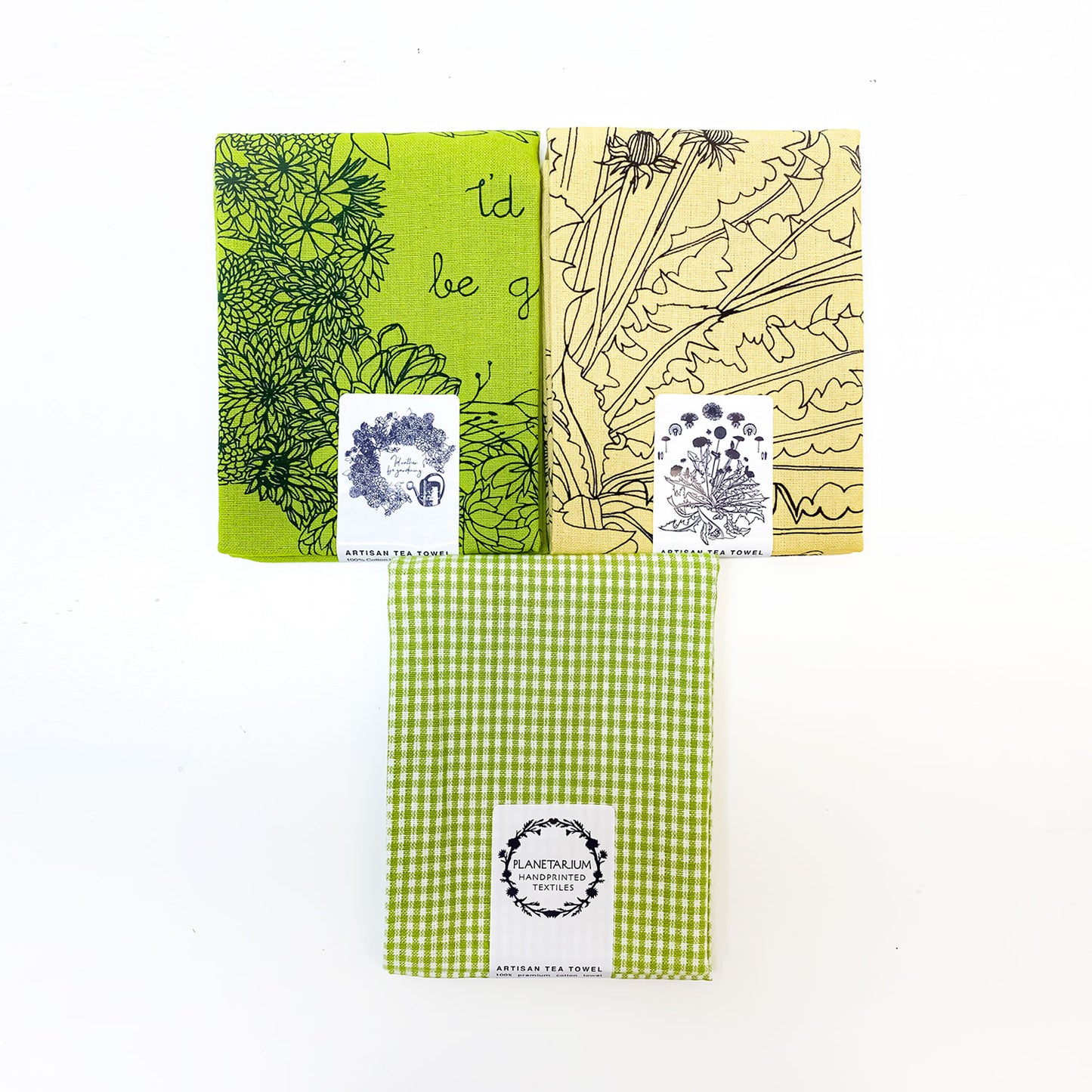 Yellow Gardening Botanical Handprinted Artisan Tea Towel Set