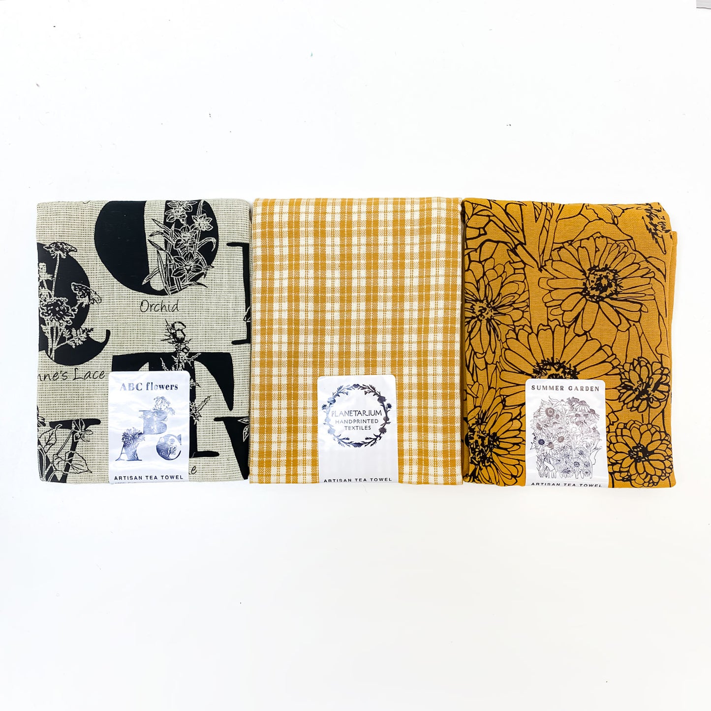 Summer Garden + ABC flowers Botanical Handprinted Artisan Tea Towel Set