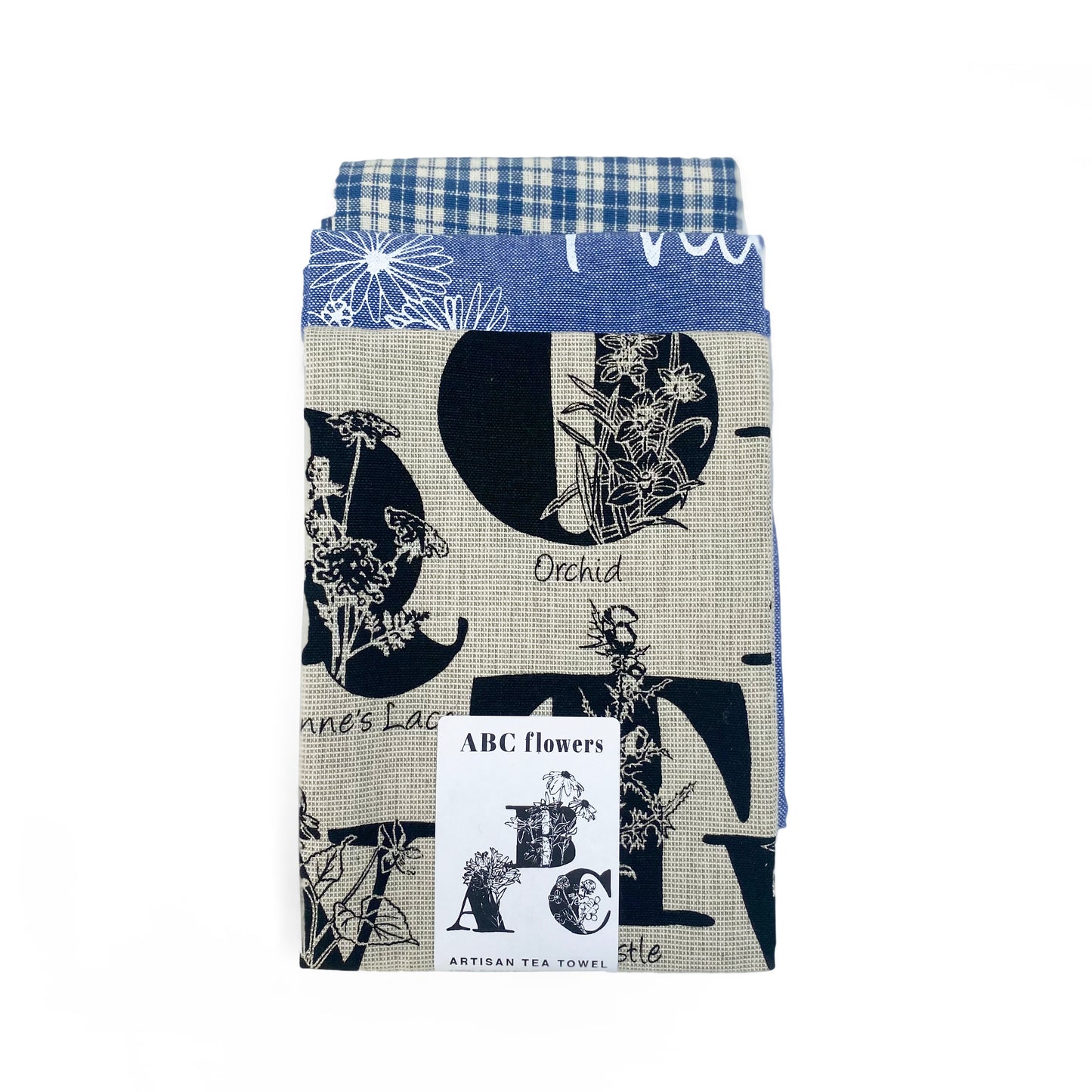 Botanical Set Artisan Tea Towels + Abc flowers + Thankful + Blue Checked Towel