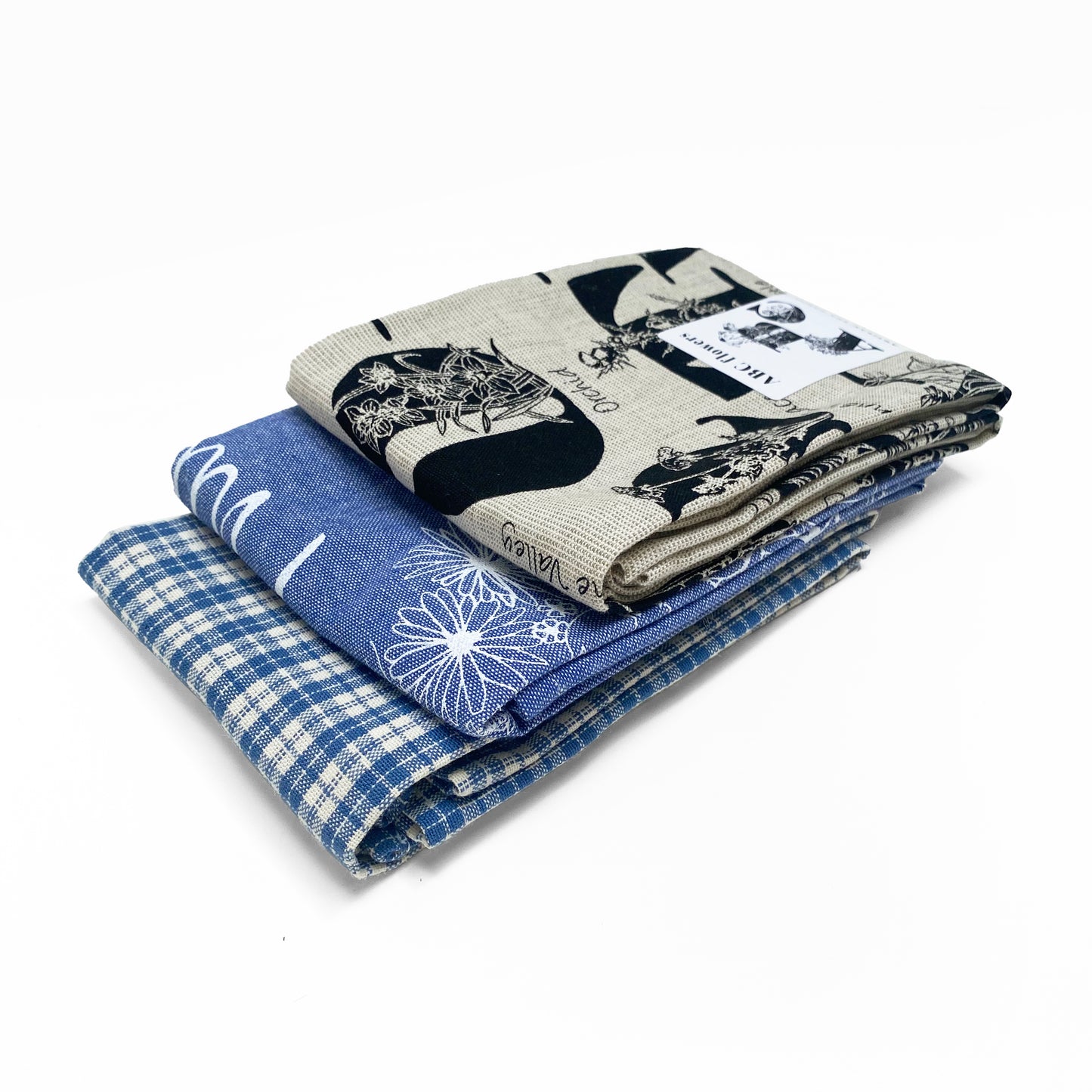 Botanical Set Artisan Tea Towels + Abc flowers + Thankful + Blue Checked Towel