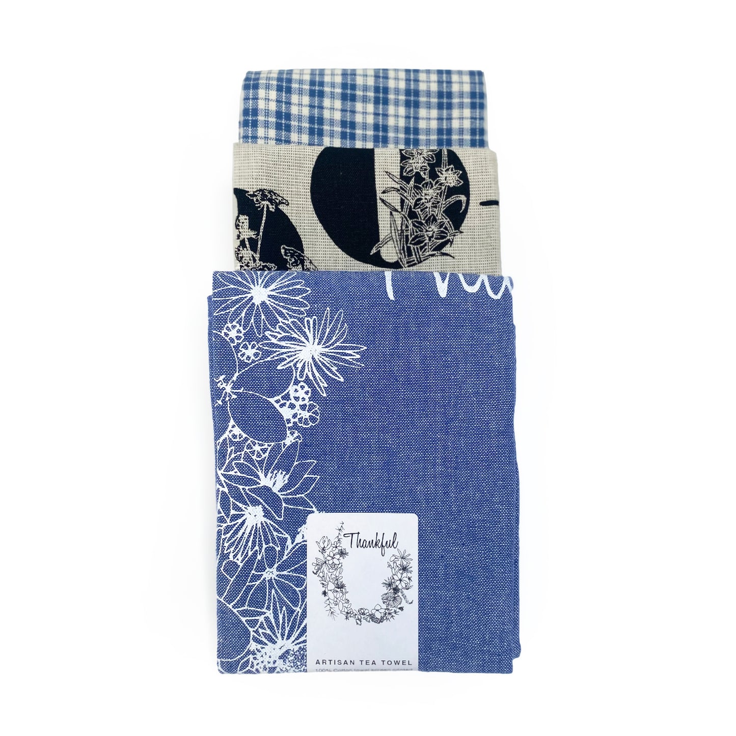 Botanical Set Artisan Tea Towels + Abc flowers + Thankful + Blue Checked Towel