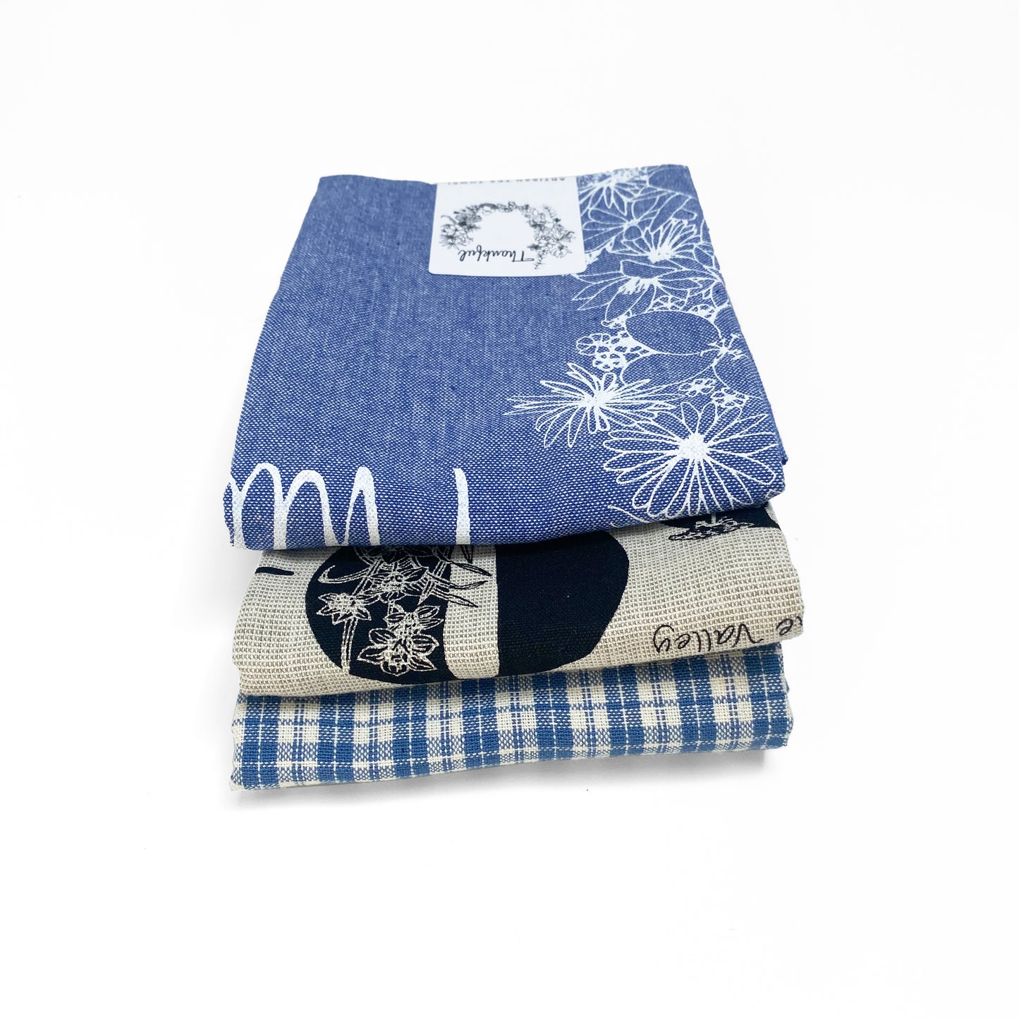 Botanical Set Artisan Tea Towels + Abc flowers + Thankful + Blue Checked Towel