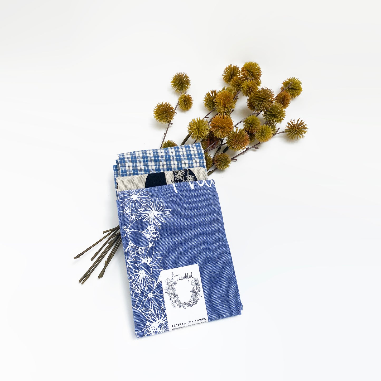 Botanical Set Artisan Tea Towels + Abc flowers + Thankful + Blue Checked Towel