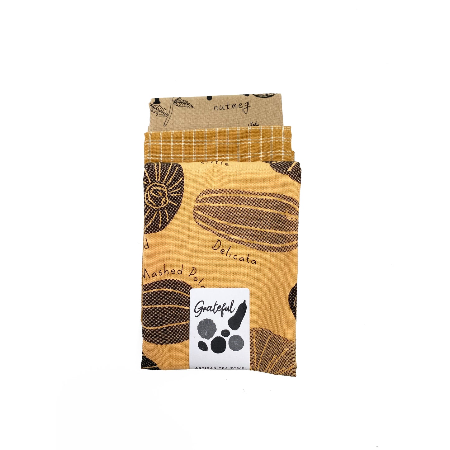 Botanical Set Artisan Tea Towels Grateful + ABC Herbs & Spices + Pumpkin Checked Towel