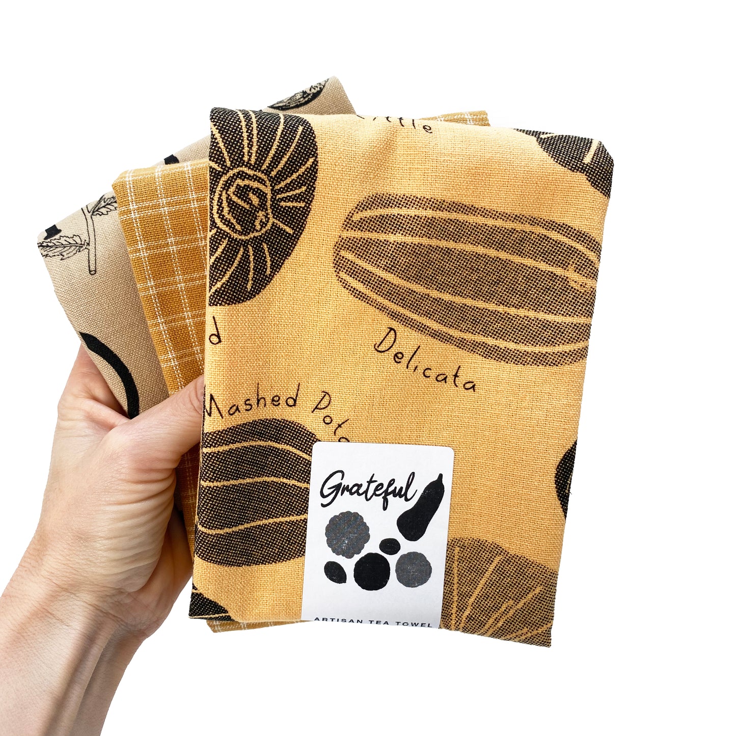Botanical Set Artisan Tea Towels Grateful + ABC Herbs & Spices + Pumpkin Checked Towel