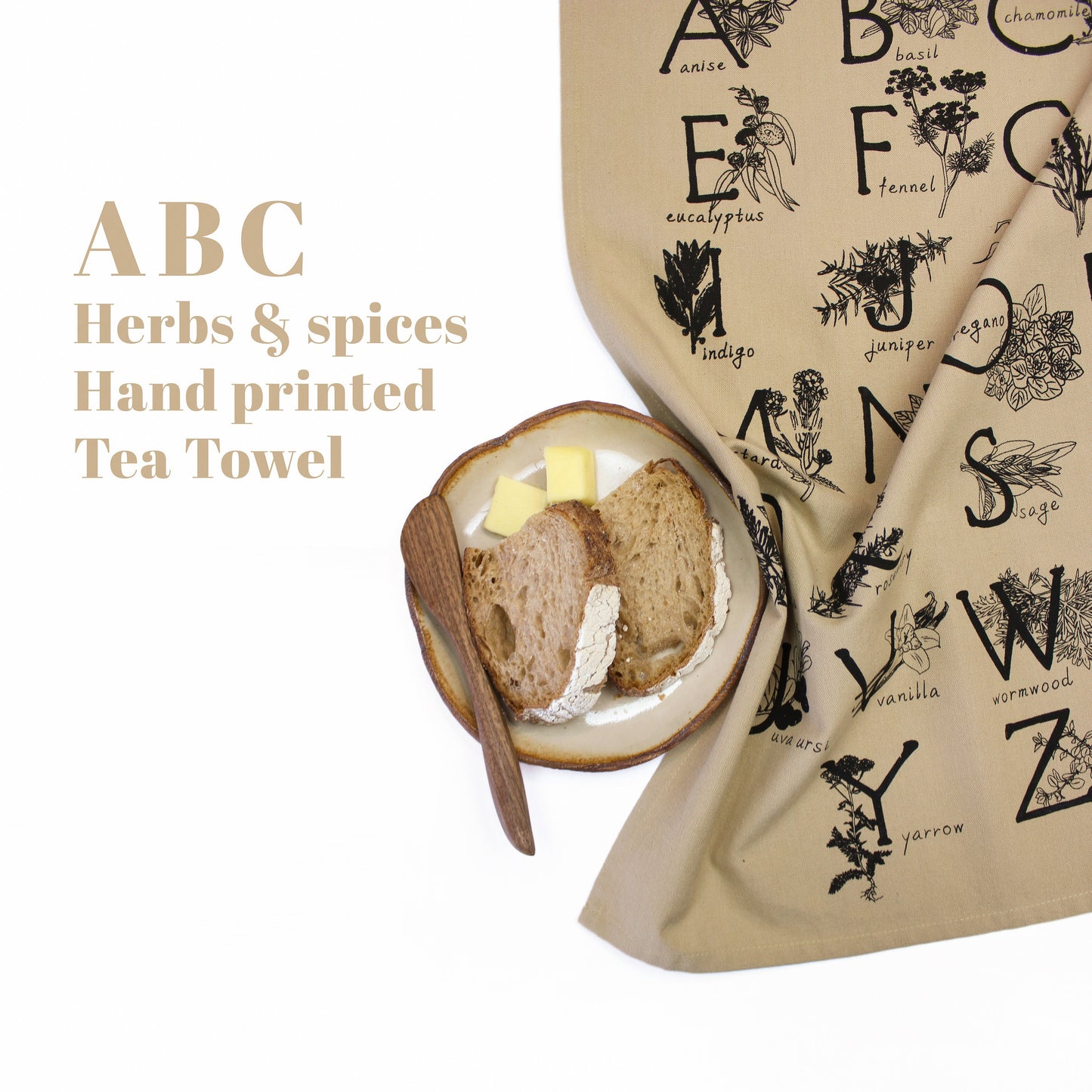 ABC HERBS & SPICES - Hand Printed Artisan Tea Towel