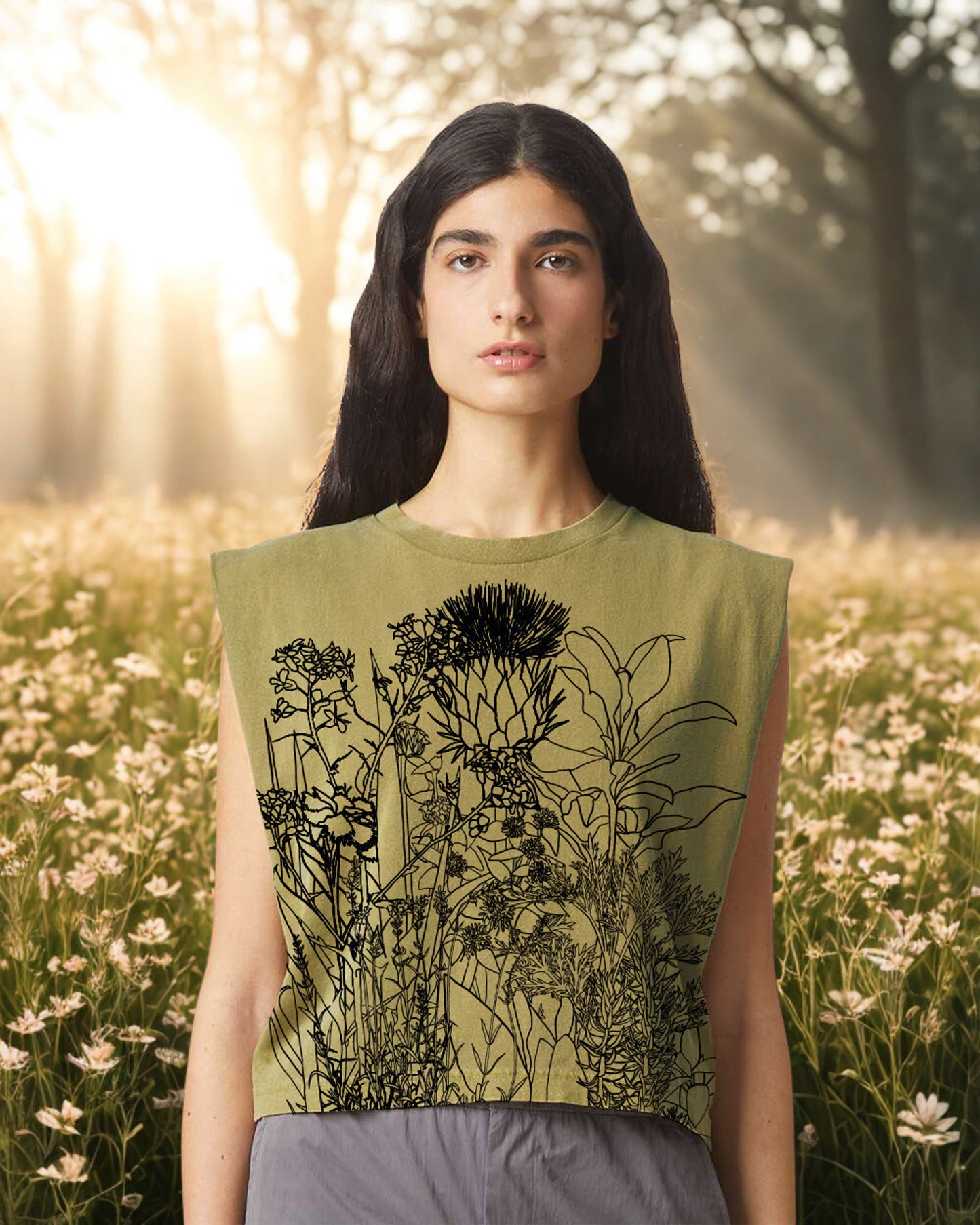 HERBS Handprinted Botanical Crop Top - Sustainable Cotton