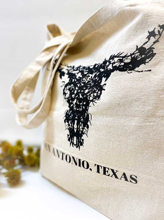 SAN ANTONIO Wildflowers Longhorn Tote Bag