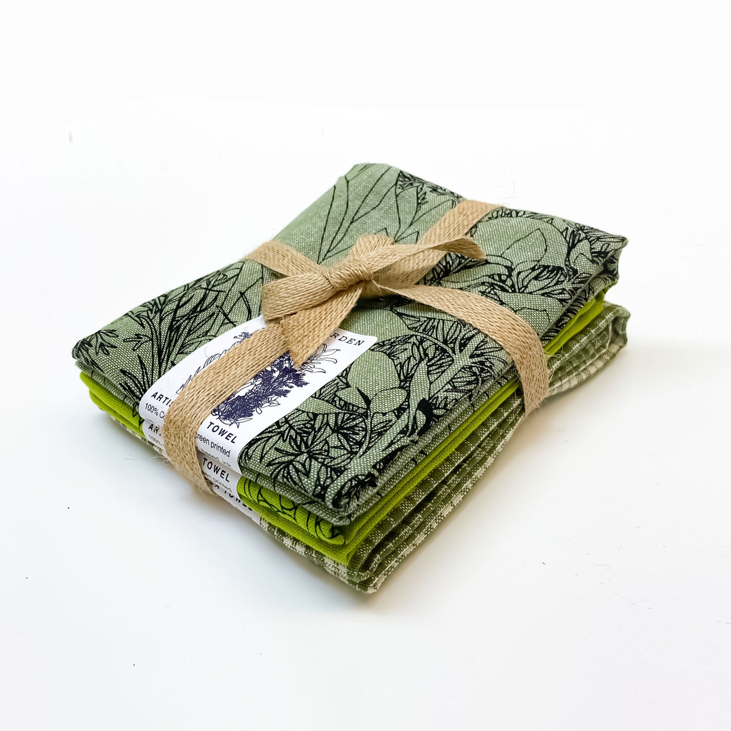 Green Gardening Botanical Handprinted Artisan Tea Towel Set