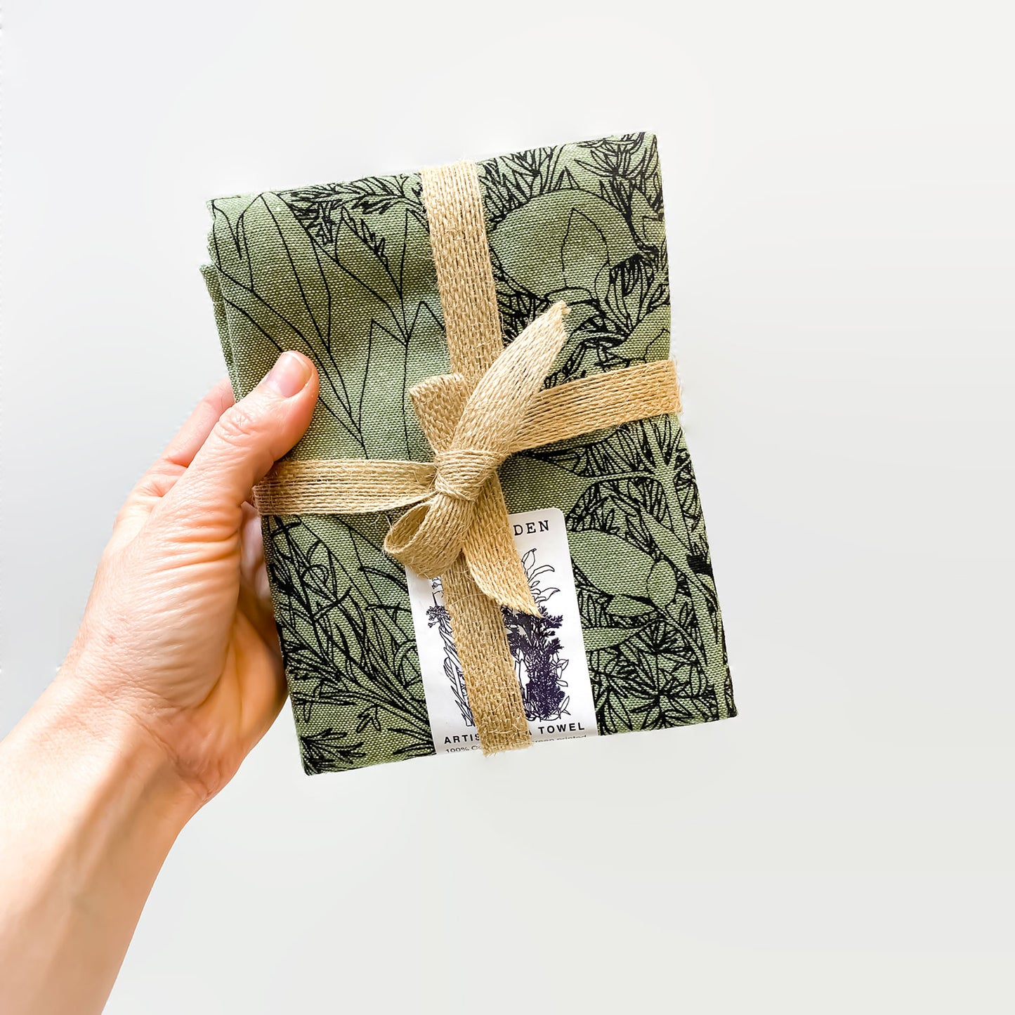 Green Gardening Botanical Handprinted Artisan Tea Towel Set