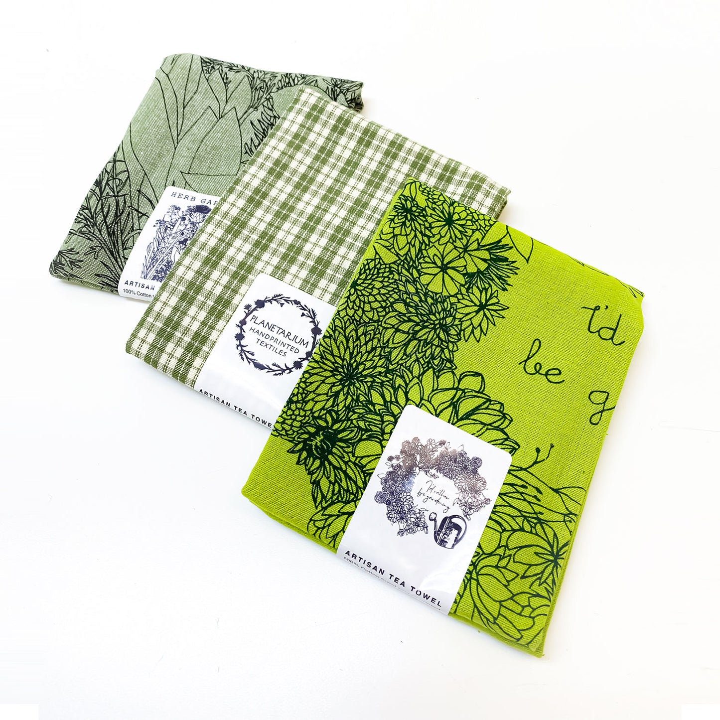 Green Gardening Botanical Handprinted Artisan Tea Towel Set