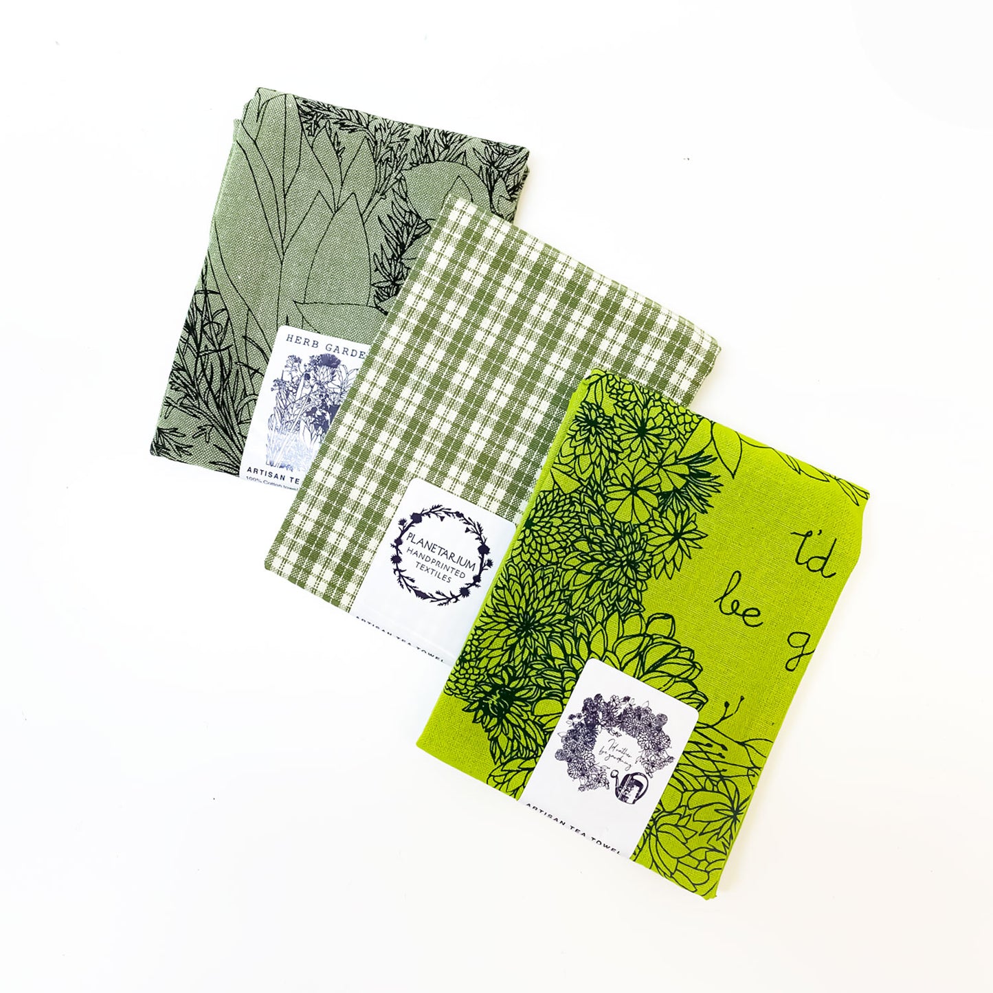 Green Gardening Botanical Handprinted Artisan Tea Towel Set