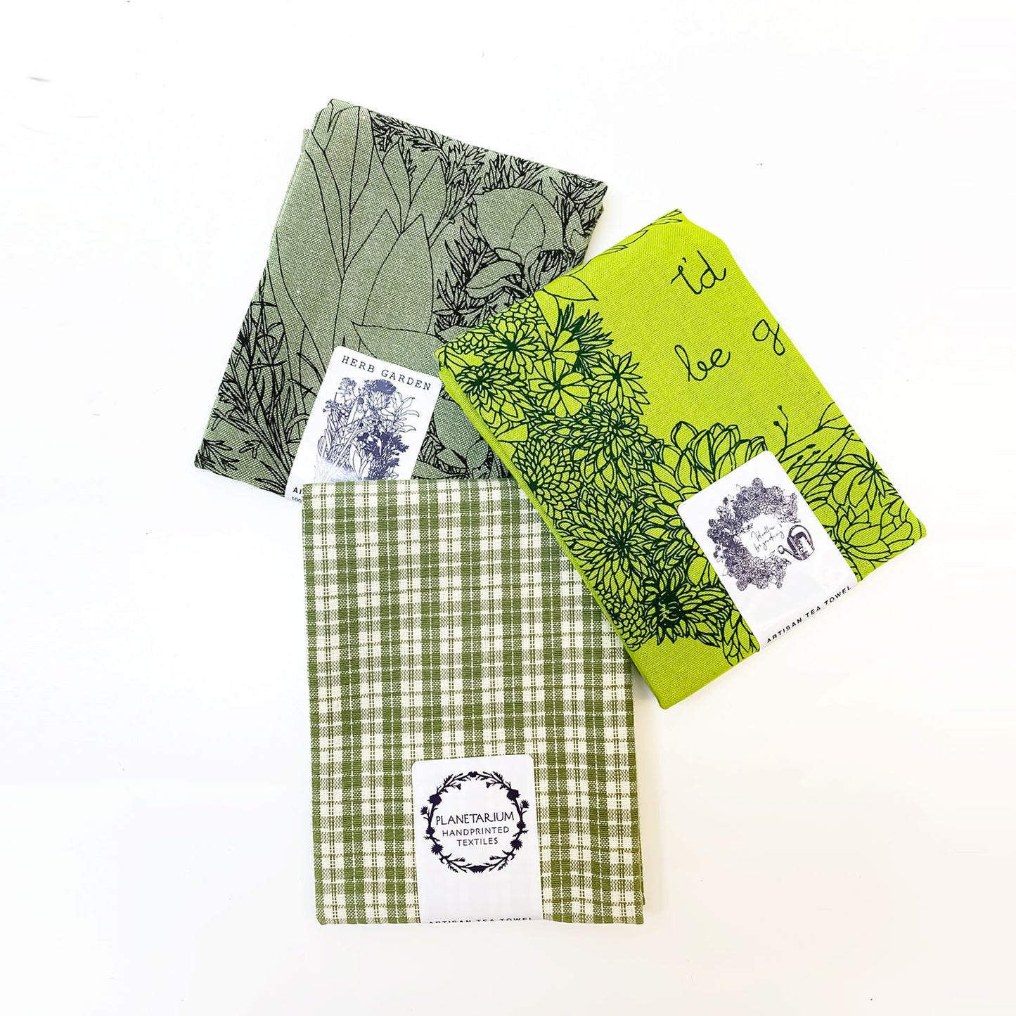Green Gardening Botanical Handprinted Artisan Tea Towel Set