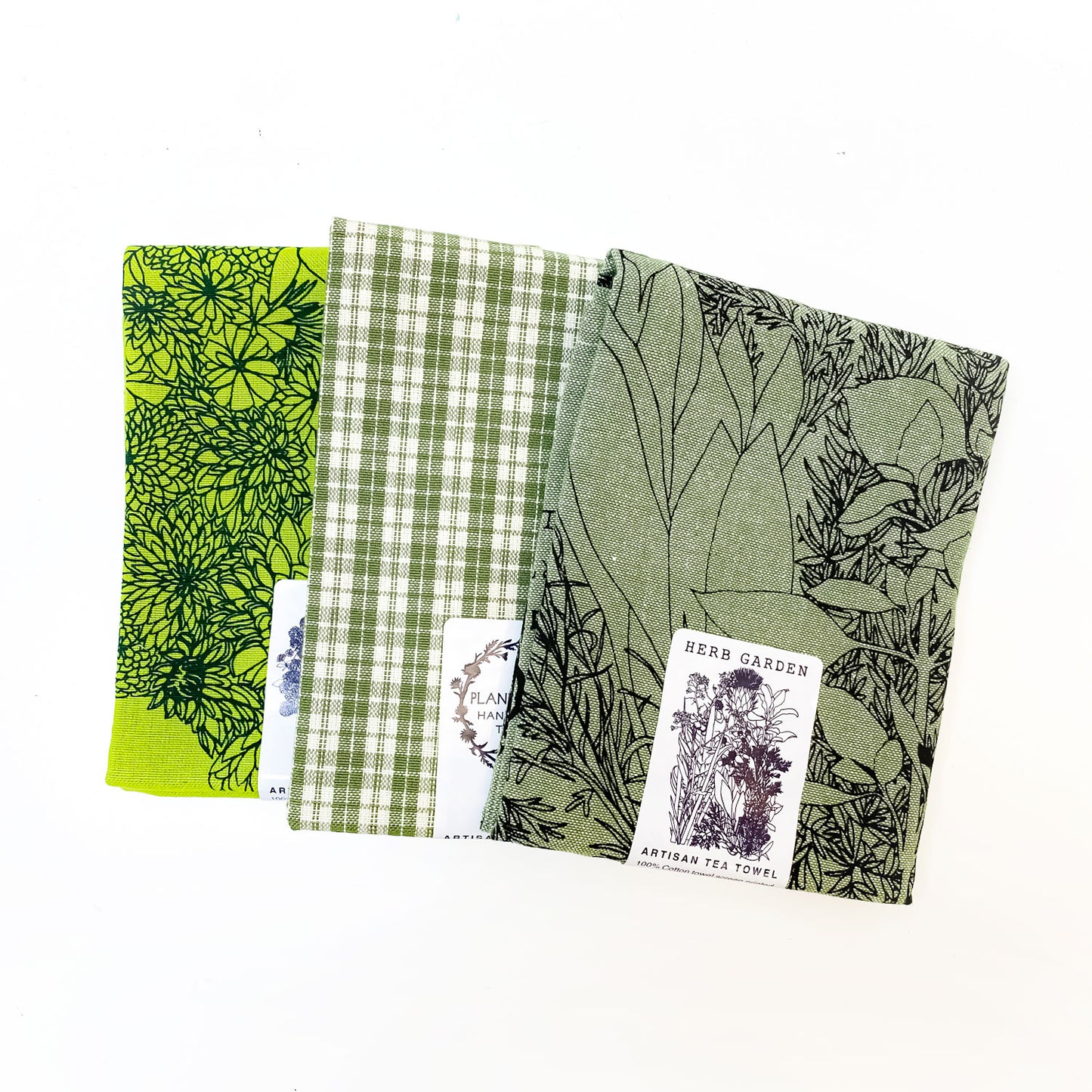 Green Gardening Botanical Handprinted Artisan Tea Towel Set