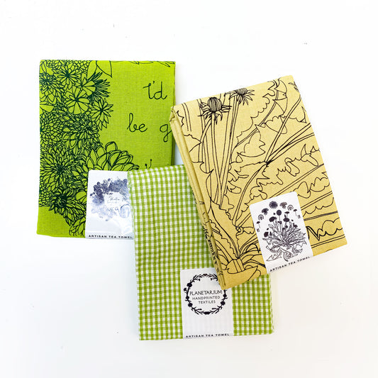 Yellow Gardening Botanical Handprinted Artisan Tea Towel Set