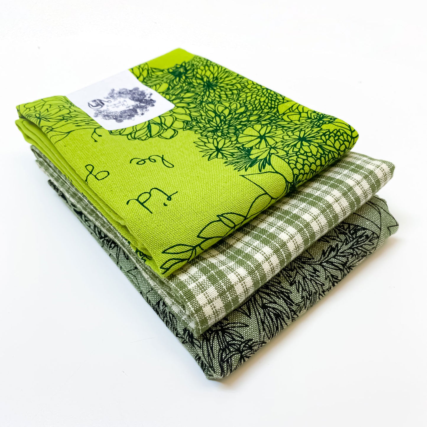 Green Gardening Botanical Handprinted Artisan Tea Towel Set