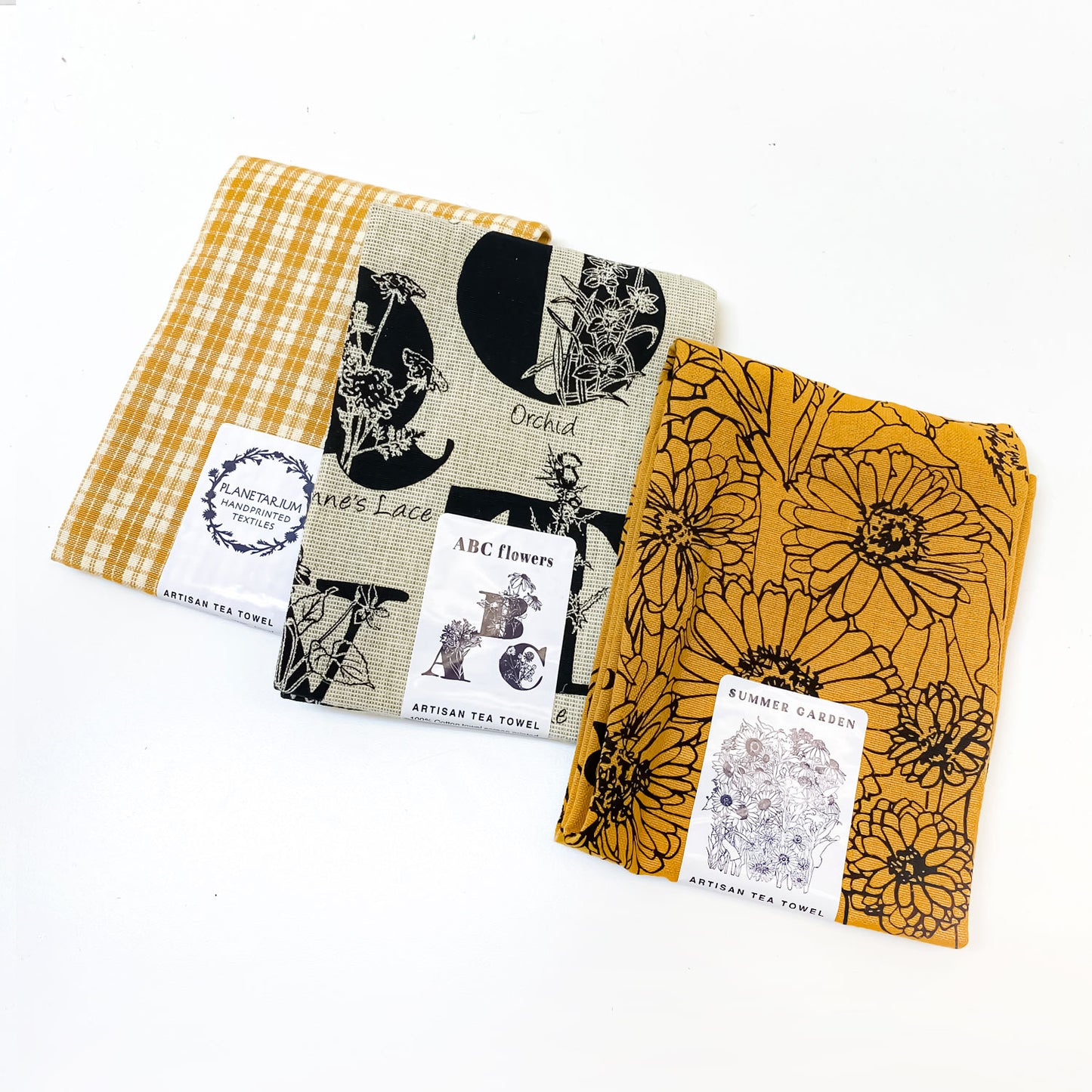 Summer Garden + ABC flowers Botanical Handprinted Artisan Tea Towel Set