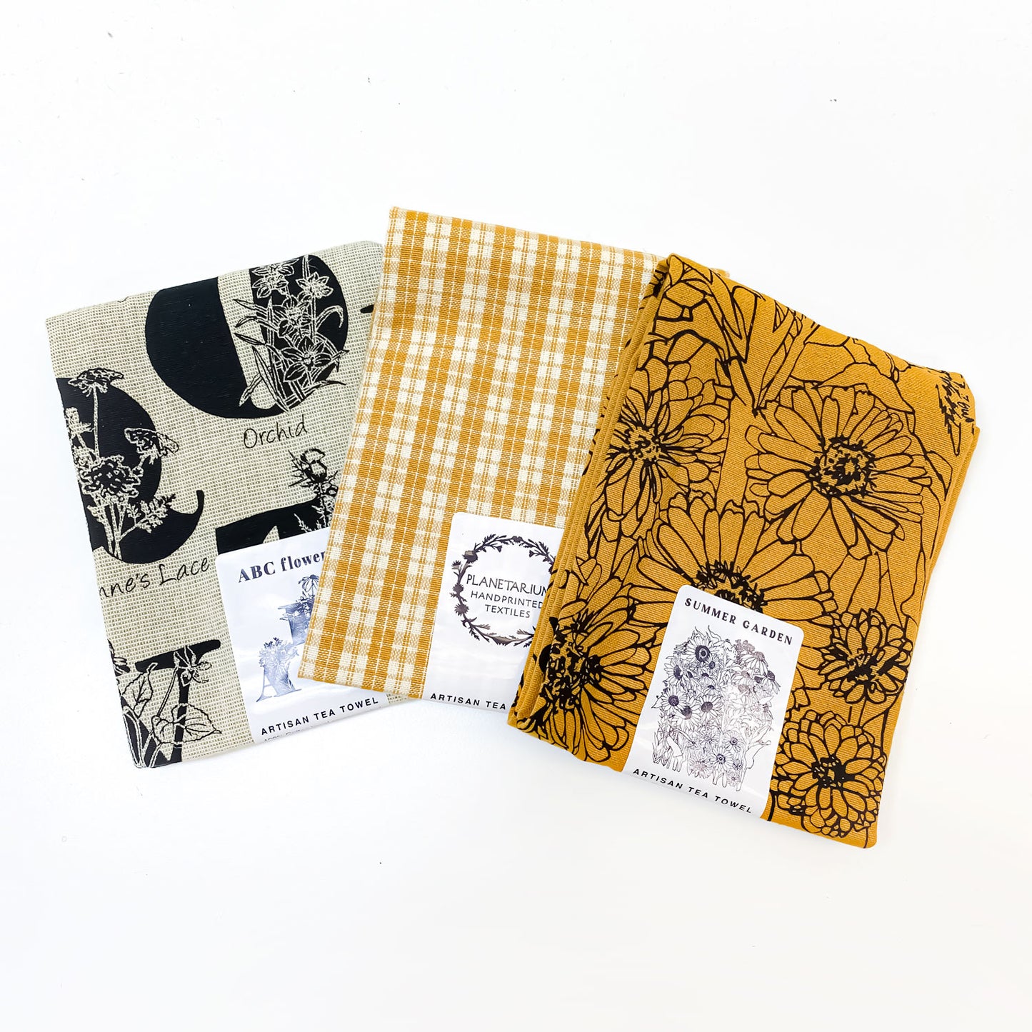 Summer Garden + ABC flowers Botanical Handprinted Artisan Tea Towel Set