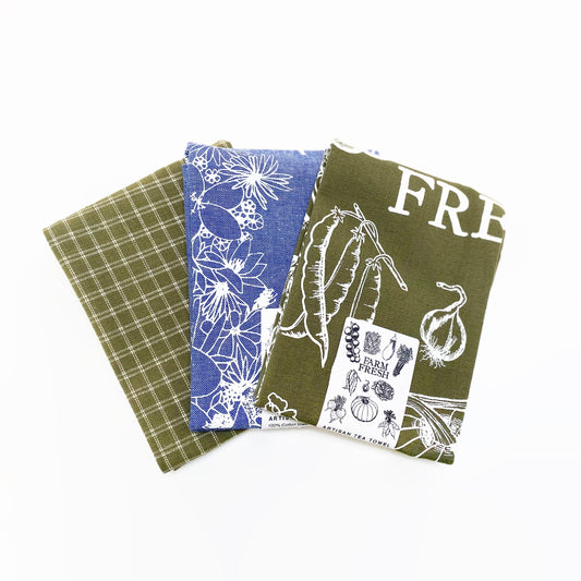 Handprinted ArtisanTea Towels Set  + Thankful +  Farm Fresh + Sage Checked Towel⁠